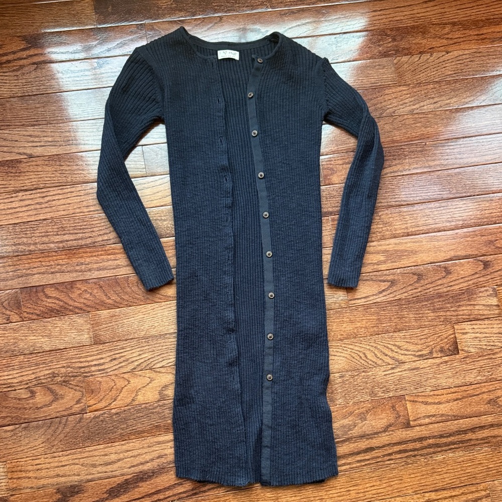 Navy Ribbed Button-Down Long Cardigan